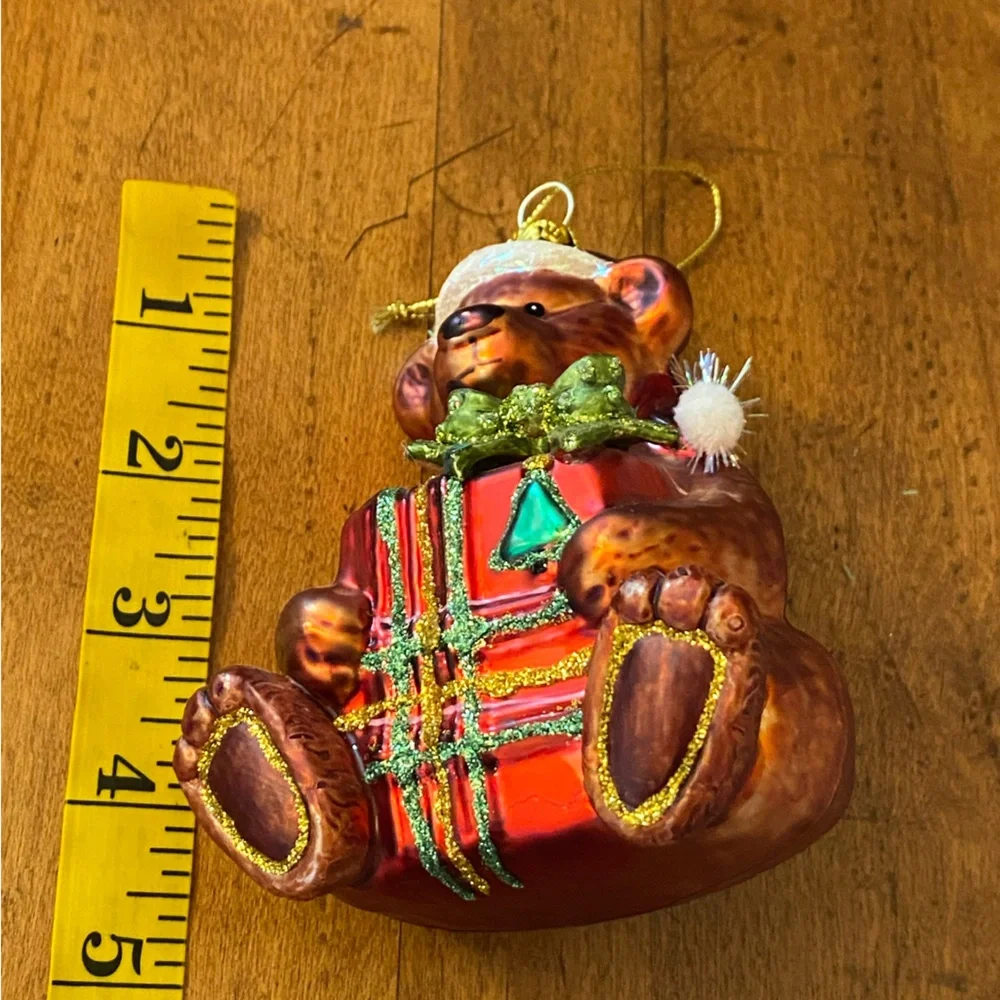 Festive Christmas Bear Holding Present Glass Ornament